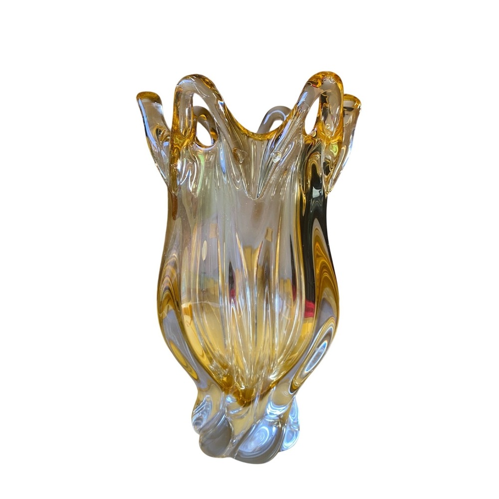 Egermann Bohemia Crystal Vase Hand Blown Amber Glass 10" Gold Czech Republic MCM